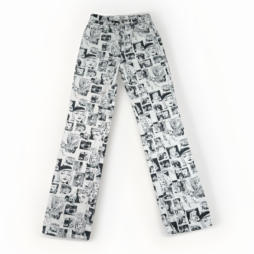 REFORMATION JEANS Women Size 24 Button Fly Comic News Print Straight Black White